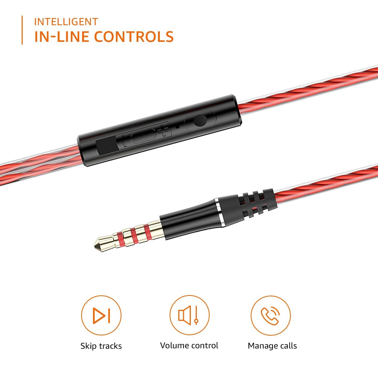 amazon basics in-Ear Wired Earphones with 9 mm Dual Drivers, in-Line Mic, Powerful Bass, Noise Isolation, 3.5 mm Audio Jack (Black and Red)