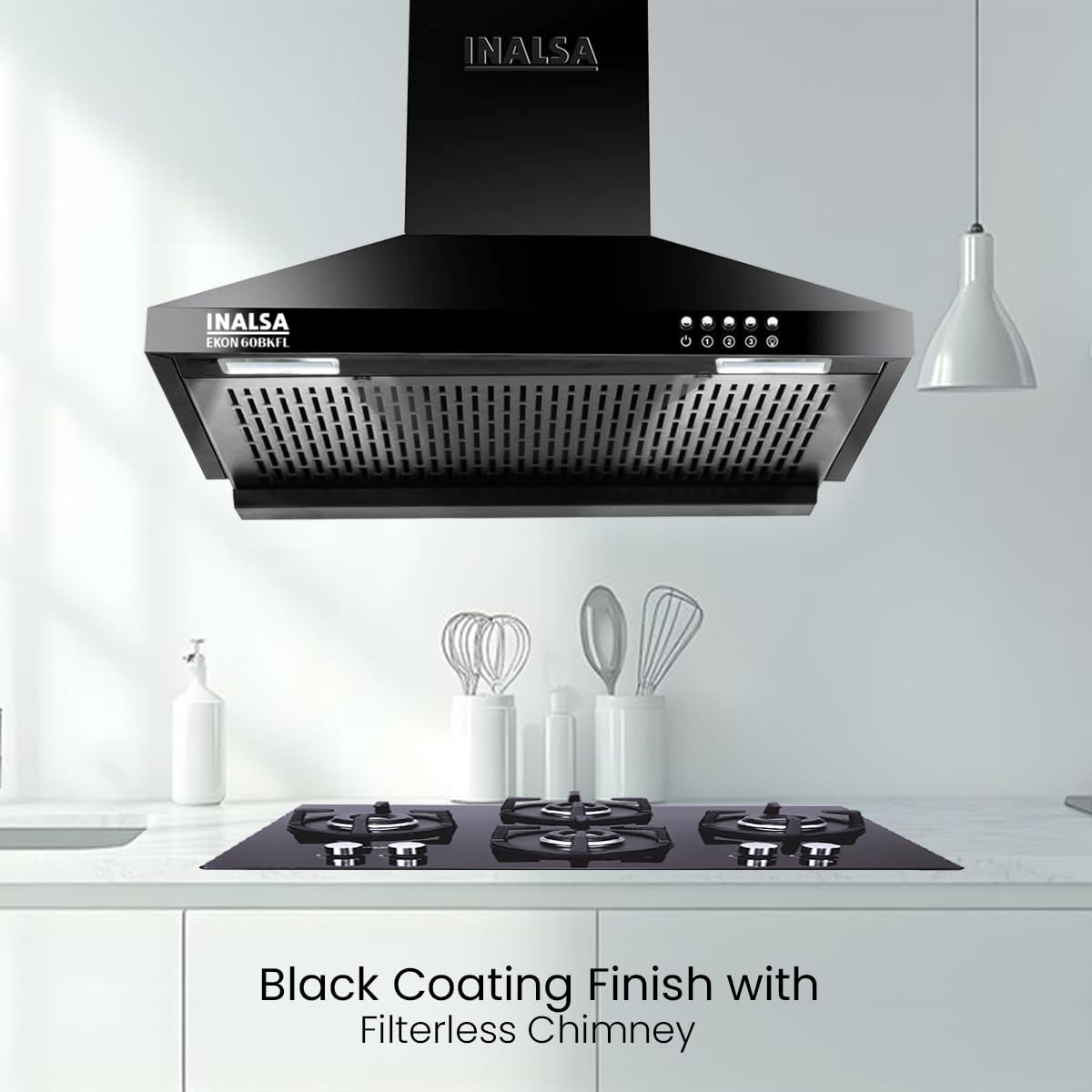 INALSA EKON 60cm 1100 m³/hr Pyramid Kitchen Chimney With Elegant Look|Push Button Control|Efficient Dual LED Lamps & Filterless|5 Year Warranty on Motor ( EKON 60BKFL, Black)