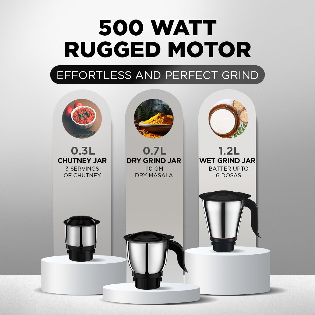 Preethi Tiara Mixer Grinder for Kitchen | 500 Watt Mixie | 3 Stainless Steel Jars (0.3L, 0.7L and 1.2L) | Grey & Black