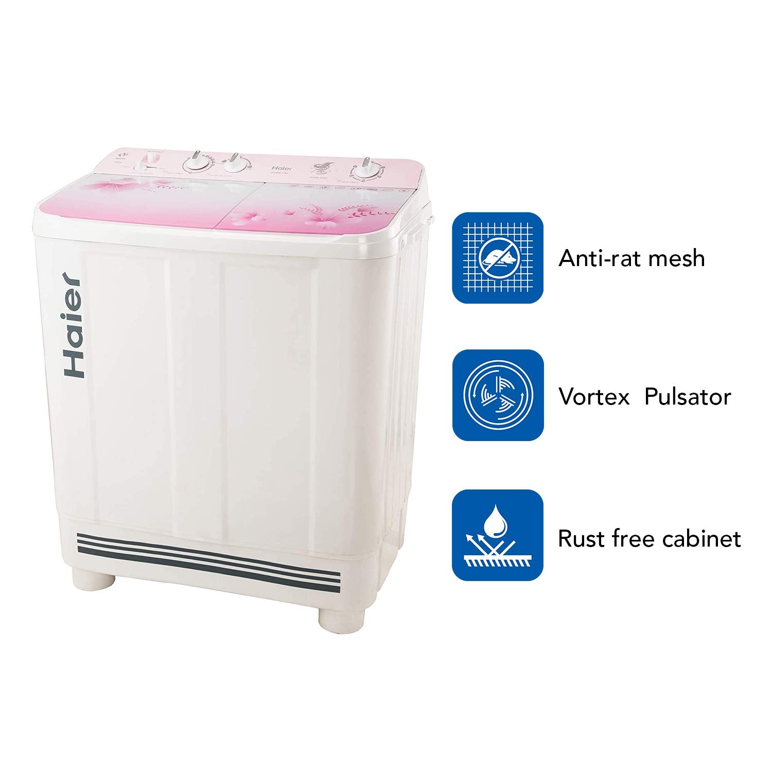 Haier 9 Kg 5 Star Anti-Bacterial Vortex Pulsator Semi Automatic Top Load Pink (HTW90-1159FL, White, Toughened Glass)