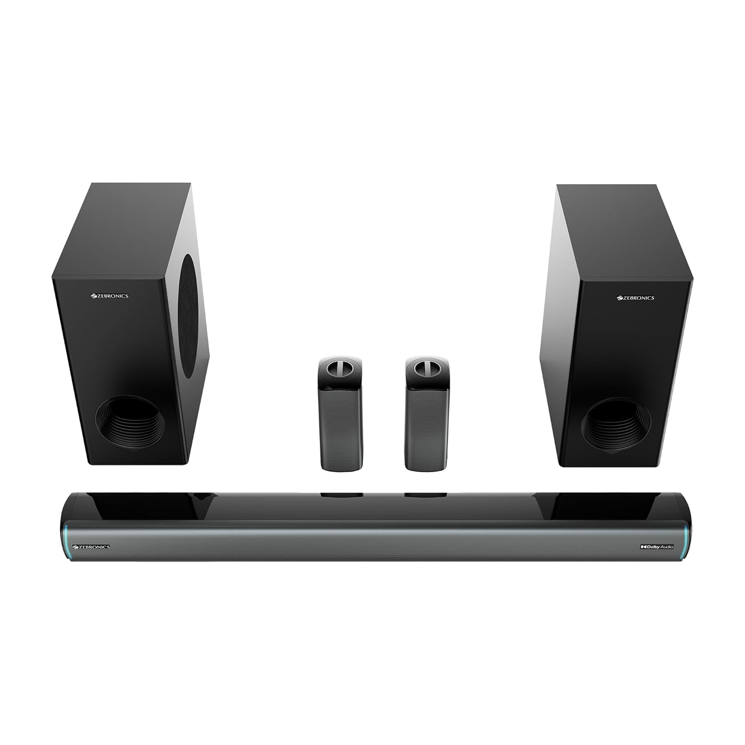 ZEBRONICS Juke bar 9550 pro 5.2 Soundbar (625 Watts), Dolby Audio, Dual Wireless Subwoofer & Wired Satellite, BT v5.3, HDMI ARC, Optical, Powerful Bass, RGB LED Lights, Wall Mountable, Silver