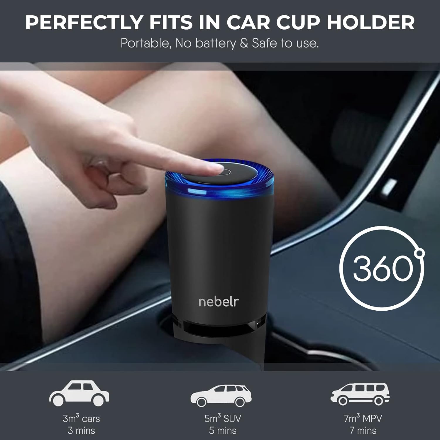 Nebelr Car Air Purifier Ionizer - Premium - Zero Filter - Alluminium - 10 Million Negative Ions - Kills 99.9% Viruses - Removes Dust - Portable - Designed in Japan - 2025 - USB C - with Car Charger