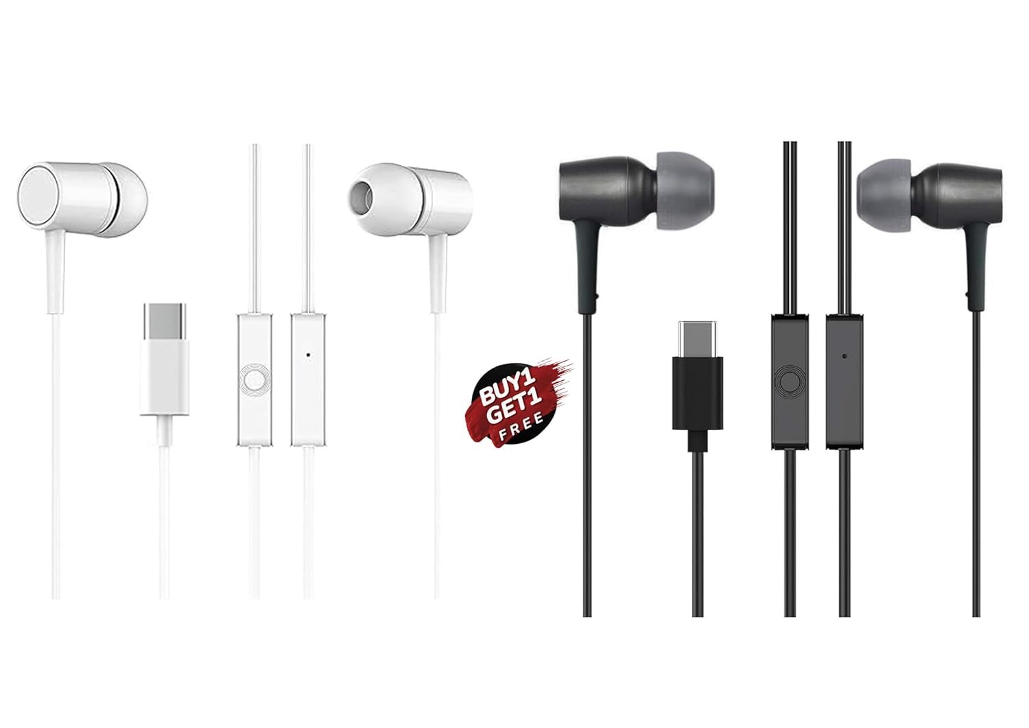 Branded Type C Headphones with Mic, in-Ear Design, 12mm Driver for Deep Bass and Clear Sound, C Type Earphones Wired, Compatible with iPhone, Android Smartphones, Tablets, (Black & White Combo)