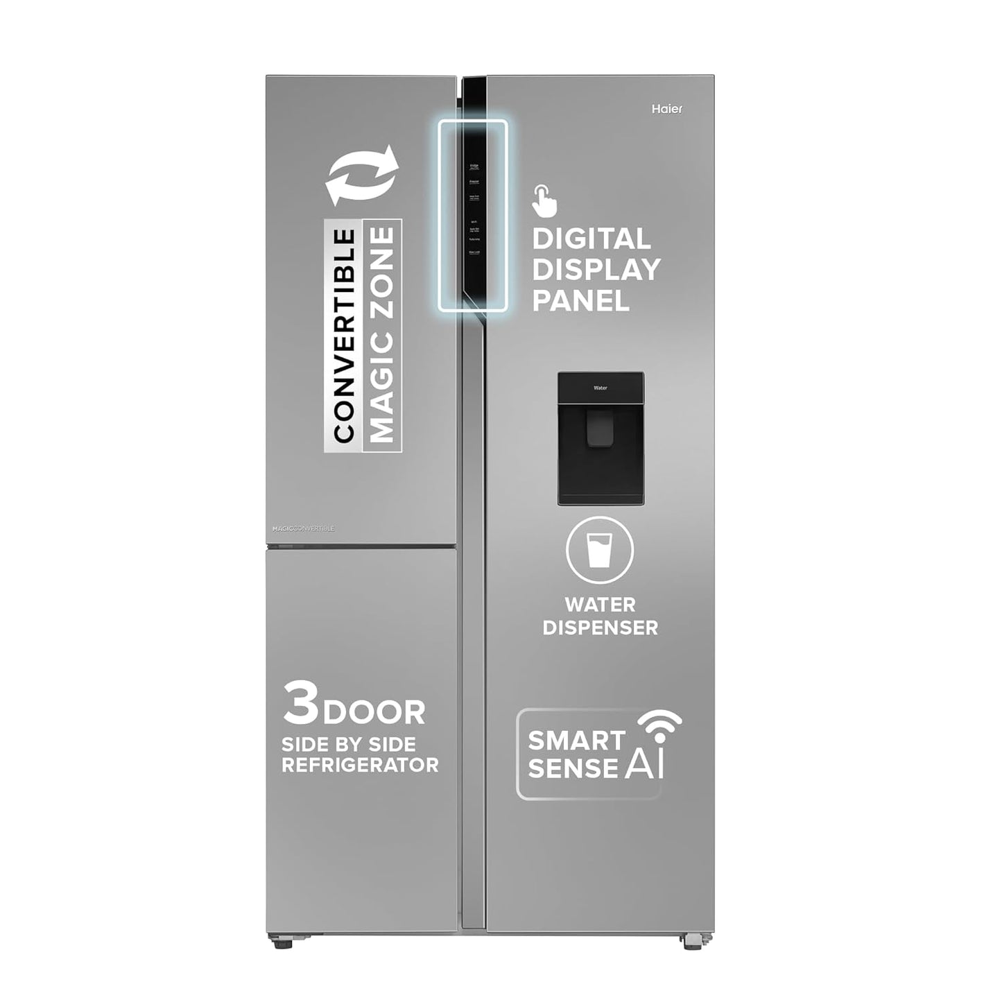 Haier 592L 3Star 3-Door Water Dispenser Side by Side Frost Free Refrigerator|Convertible|Smart Sense AI|Inverter|Digital Display Panel|Deo Fresh Technology (2025 Model, HRT-683WISU1, Inox Steel)