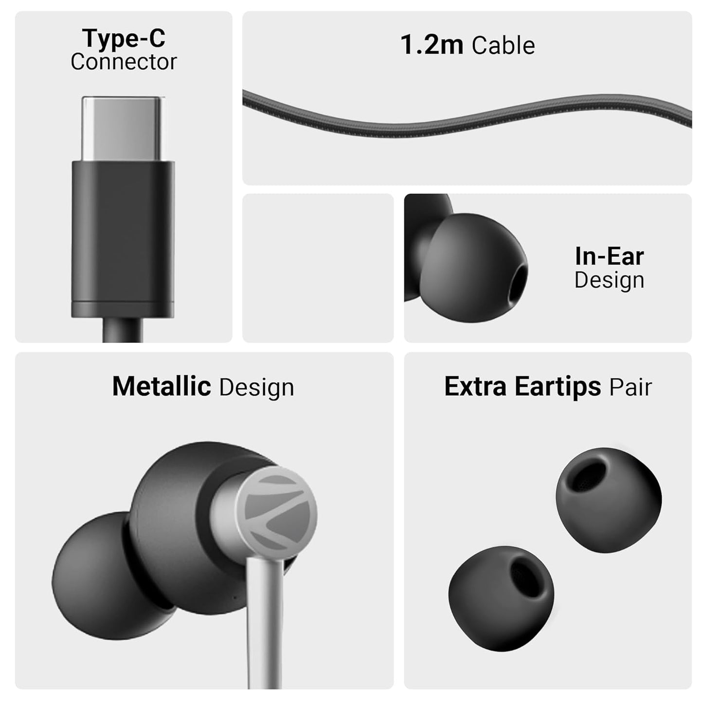 ZEBRONICS Buds 50C in Ear Type-C Earphone Wired Headphones with in-Line Mic, Metallic Design, Volume Control, 1.2M Cable, 14Mm Driver with Wired Connection