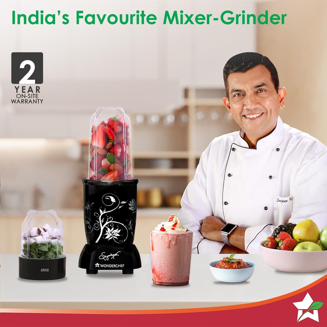 Wonderchef Nutri-blend 500W Mixer Grinder, 22000 RPM Motor, Smoothie Maker, Masala Grinder, Chutney Blender, 3 Unbreakable Jars, Recipe Book by Chef Sanjeev Kapoor, 2 Yr Warranty, Black