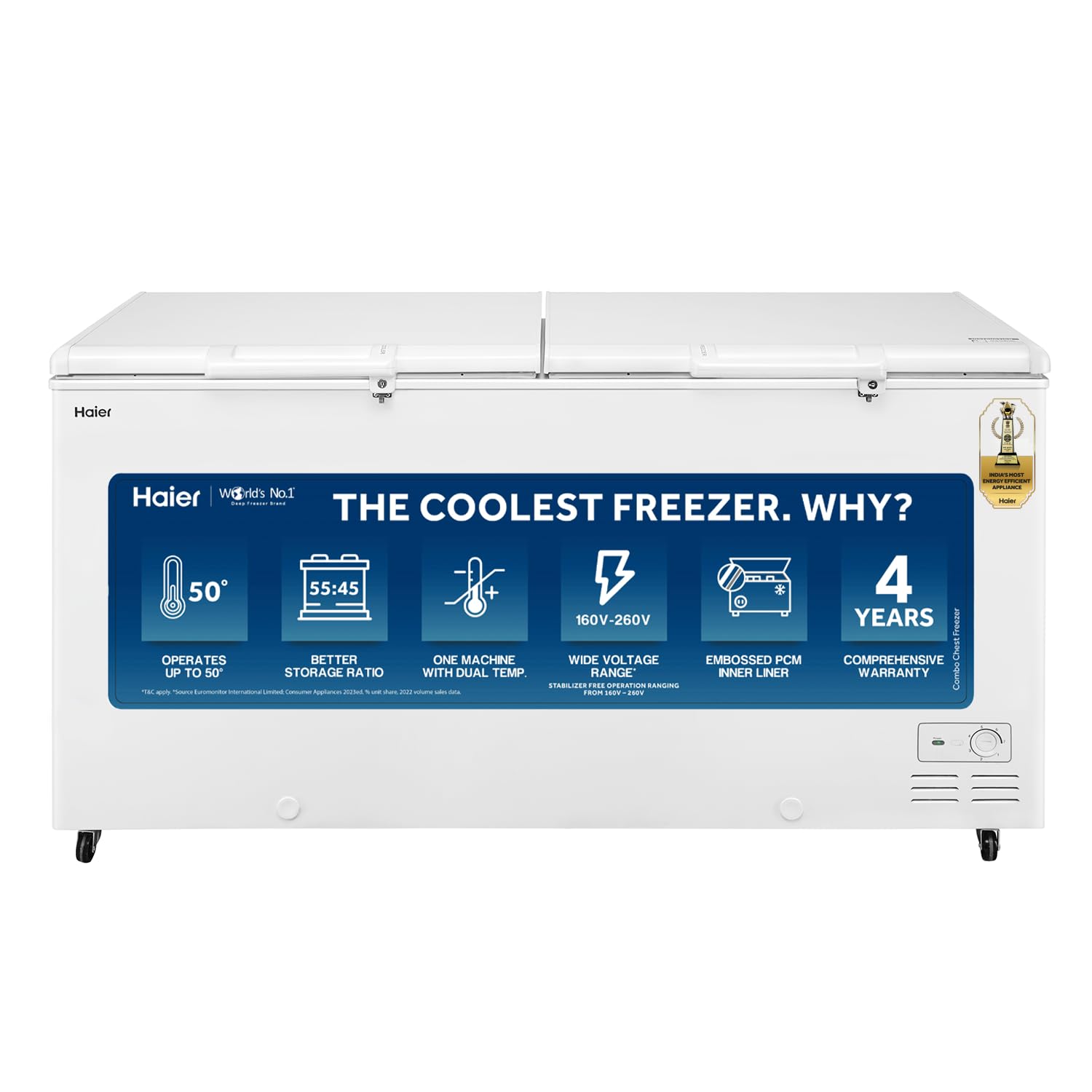 Haier HFC-325CM5, Double Door Combo Freezer (Half Cooler & Half Freezer Combo), Freeze & Chill together, Dual Condenser, Metal liner & 4 Years Comprehensive Warranty (White)