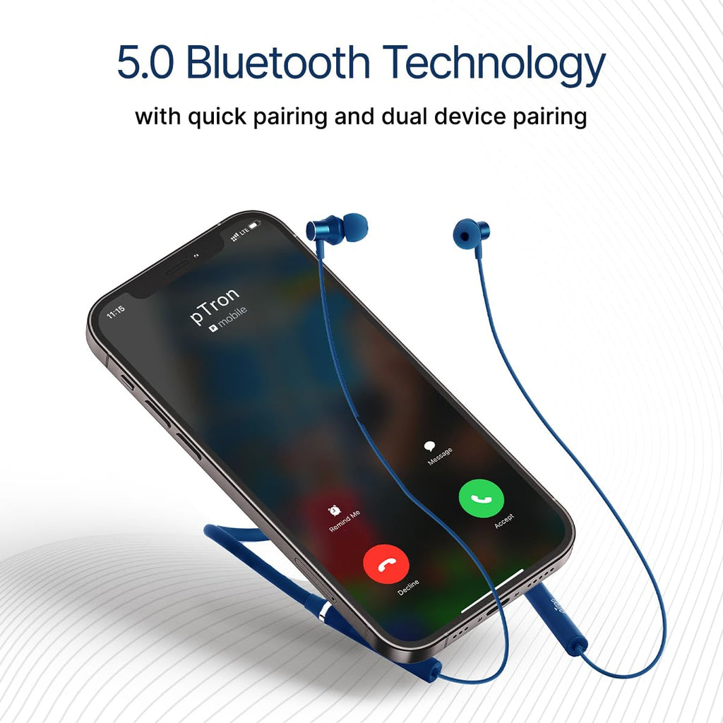 pTron Tangentbeat in Ear Bluetooth Wireless Headphones with Mic, Punchy Bass, 10mm Drivers, Clear Calls, Dual Pairing, Fast Charging, Magnetic Buds, Voice Assist & IPX4 Wireless Neckband (Dark Blue)