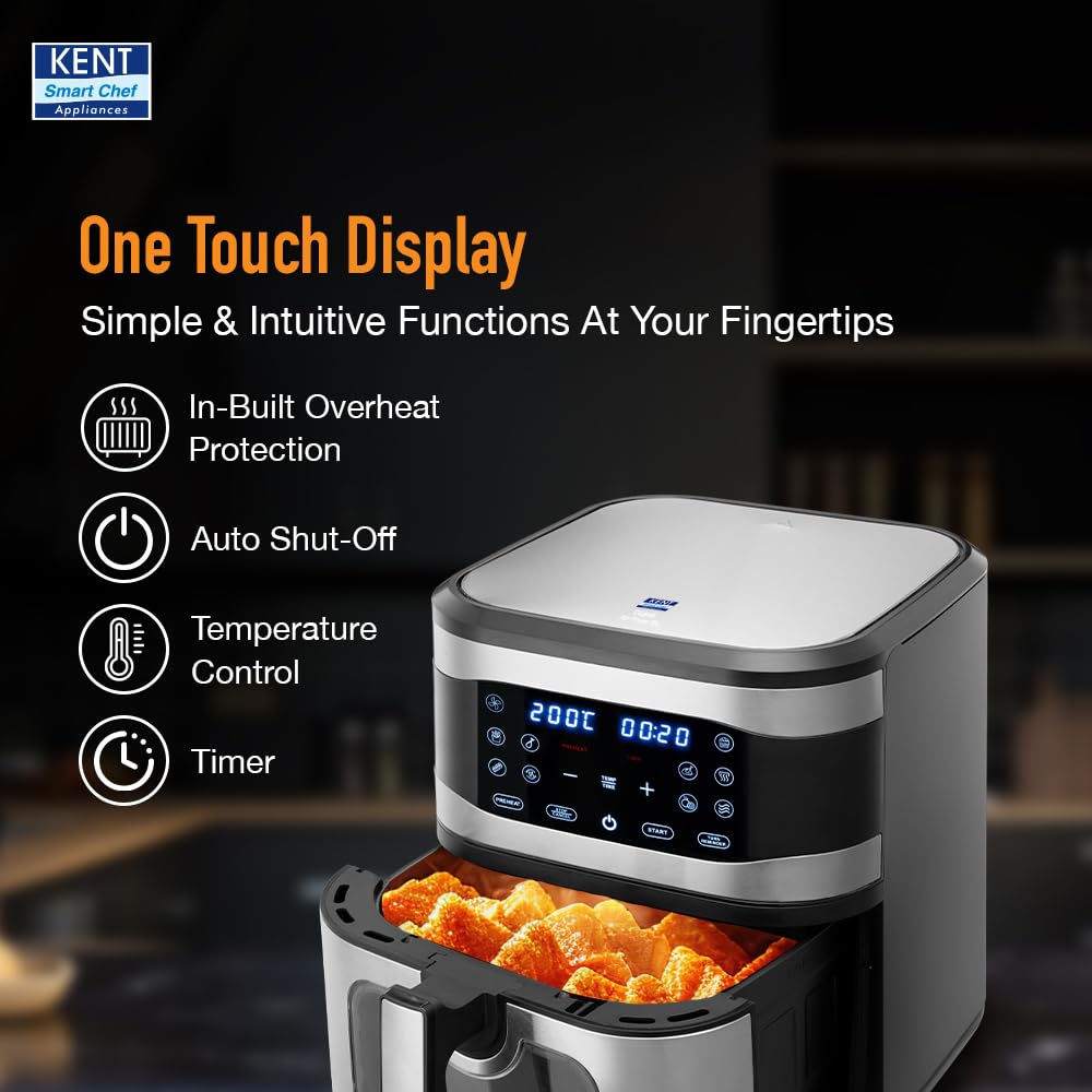 KENT Digital Air Fryer 8L | 1700W | Bake, Grill & Roast | Up to 80% Less Oil Usage | 7 Preset Menu | Digital Display & Touch Control Panel | Glass Window with in built Light | Auto Cut-Off Silver