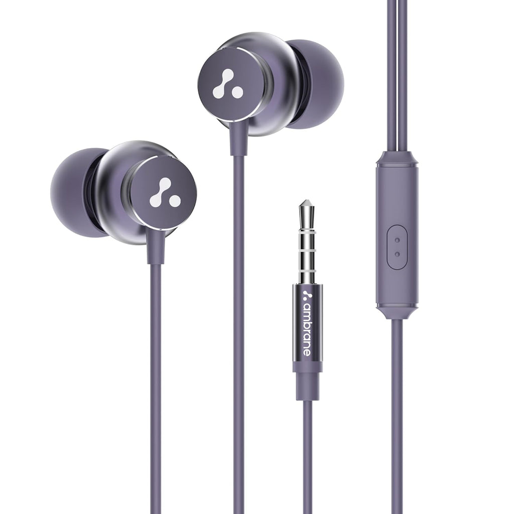 Ambrane Stringz 38 Wired Headphones with Mic, Powerful HD Sound with High Bass, Tangle Free Cable, Comfort in Ear Fit, 3.5mm Jack (Purple)