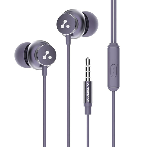 Ambrane Stringz 38 Wired Headphones with Mic, Powerful HD Sound with High Bass, Tangle Free Cable, Comfort in Ear Fit, 3.5mm Jack (Purple)