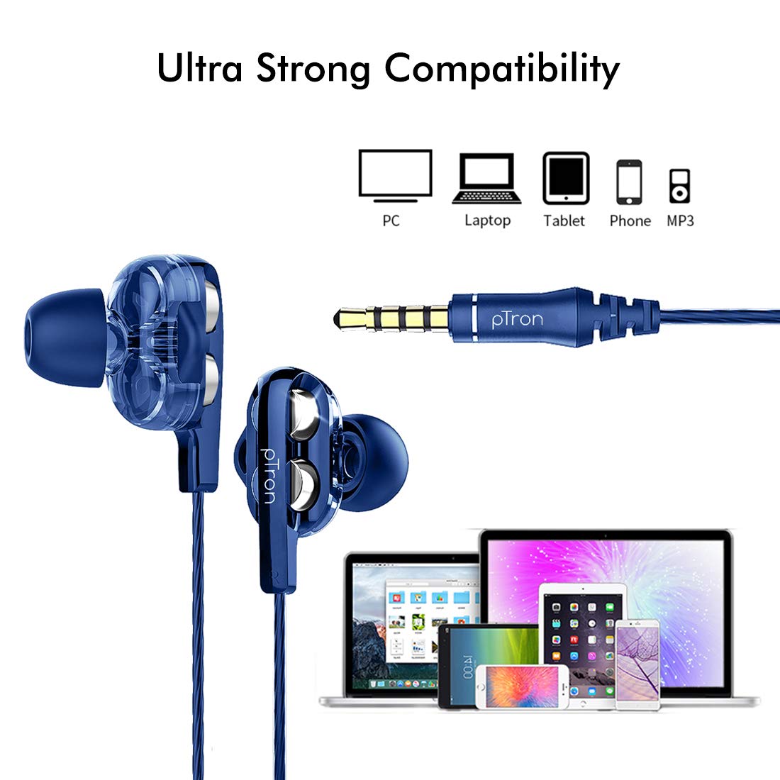 pTron Boom Ultima 4D Dual Driver, in Ear Gaming Wired Headphones with in-Line Mic, Volume Control & Passive Noise Cancelling Boom 3 Earphones - (Dark Blue)