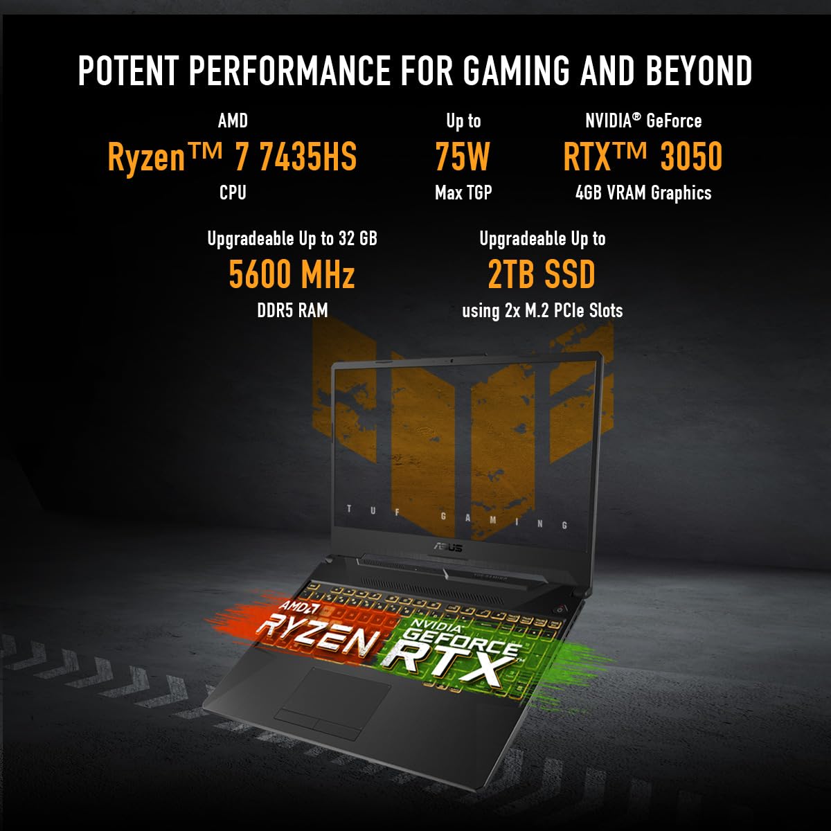 ASUS TUF Gaming A15, AMD Ryzen 7 7435HS Gaming Laptop(NVIDIA RTX 3050-4GB/60W TGP/16GB RAM/512GB SSD/FHD/15.6"/144Hz/RGB KB/48WHr/Windows 11//Graphite Black/2.30 Kg) FA506NCR-HN054W