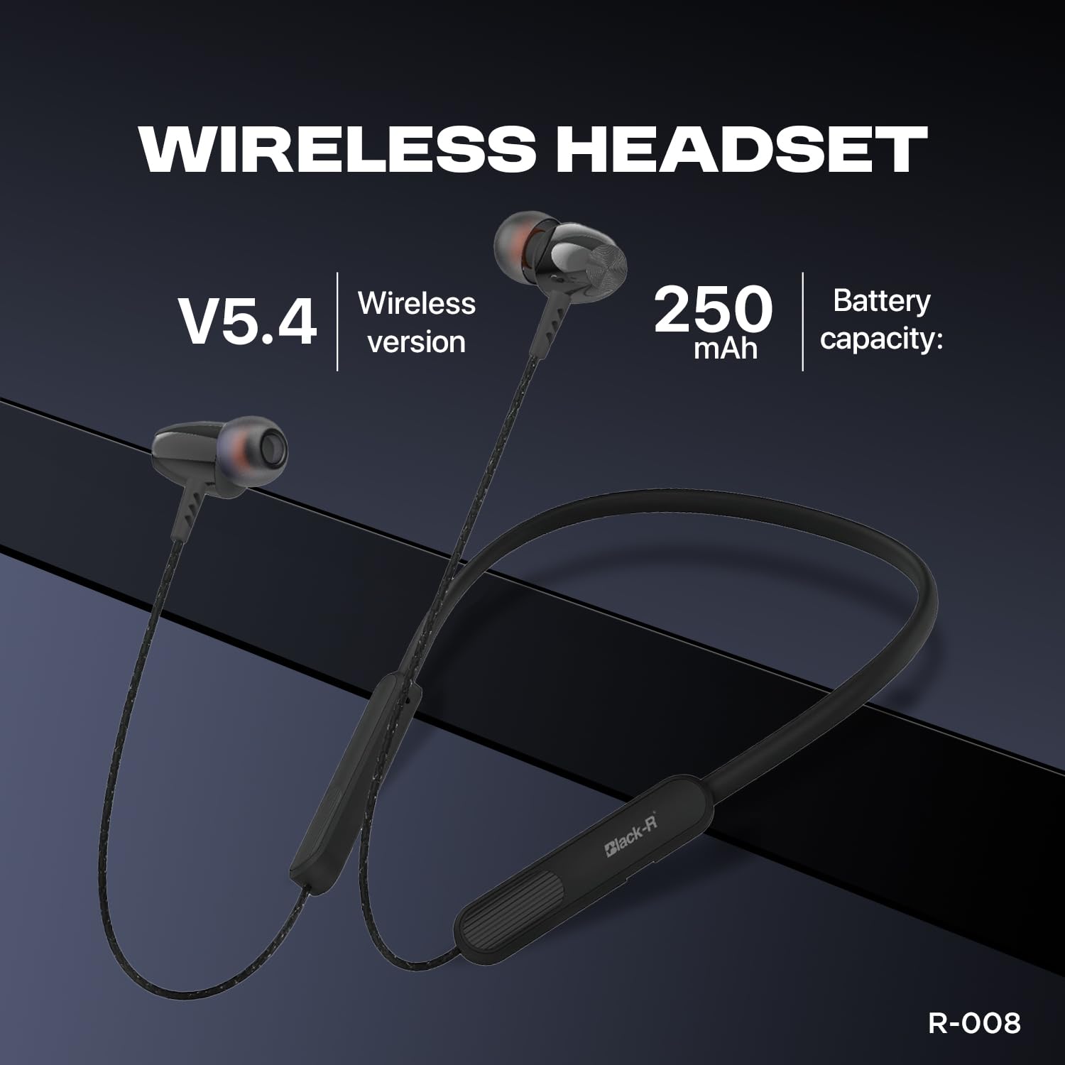 Black-R Wireless Earphone Bluetooth Headphones in Ear Neckband with Upto 130 Hours Playback, Bluetooth V5.4, Smart Bass, Lowest Latency Gaming, Wireless Headset, R-008 (Black)