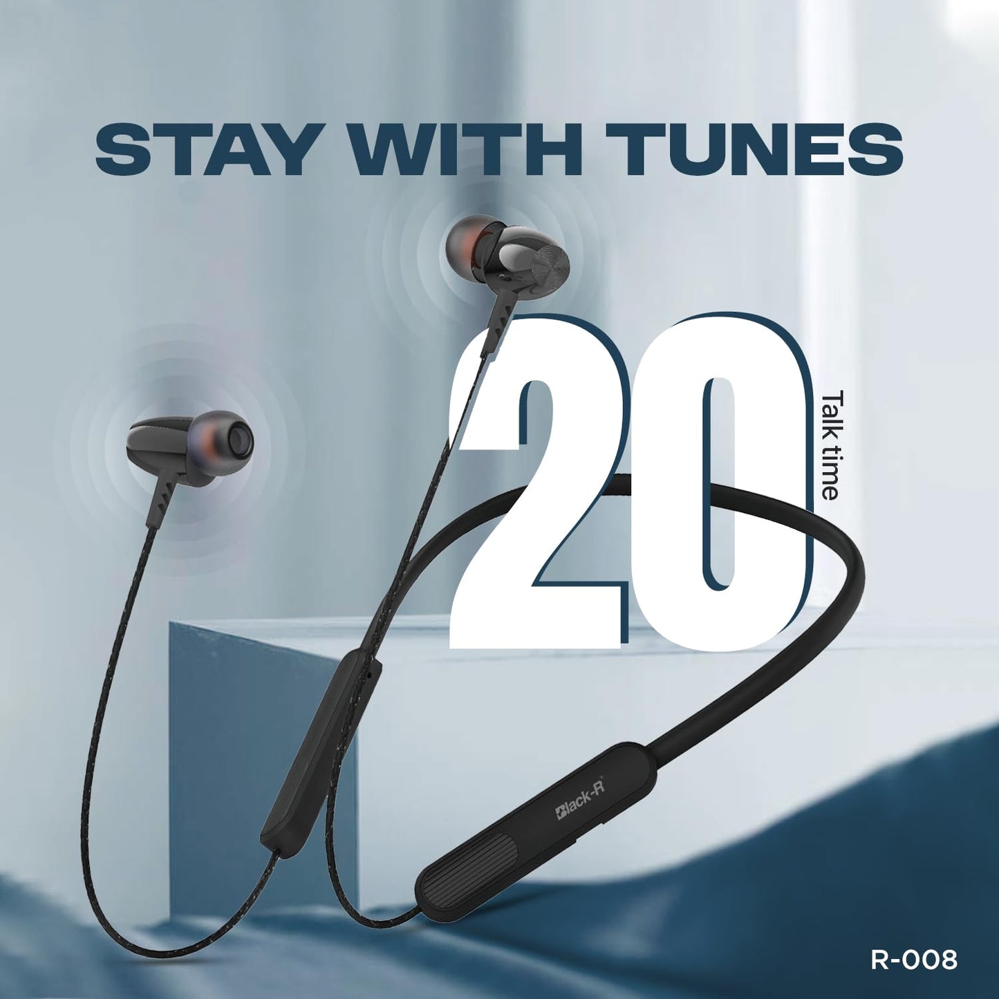 Black-R Wireless Earphone Bluetooth Headphones in Ear Neckband with Upto 130 Hours Playback, Bluetooth V5.4, Smart Bass, Lowest Latency Gaming, Wireless Headset, R-008 (Black)