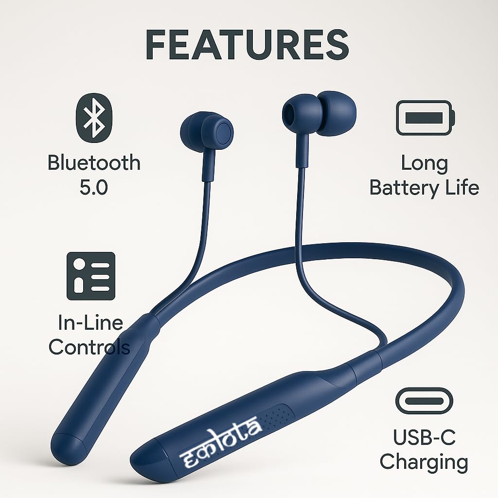 Cintlug Eकlota BT Music Neckband with Mic, Heavy Bass Sound, 40 Hours Battery Up, Low Latency Bluetooth in Ear Headphone, IPX5 (Blue-Btmusic)