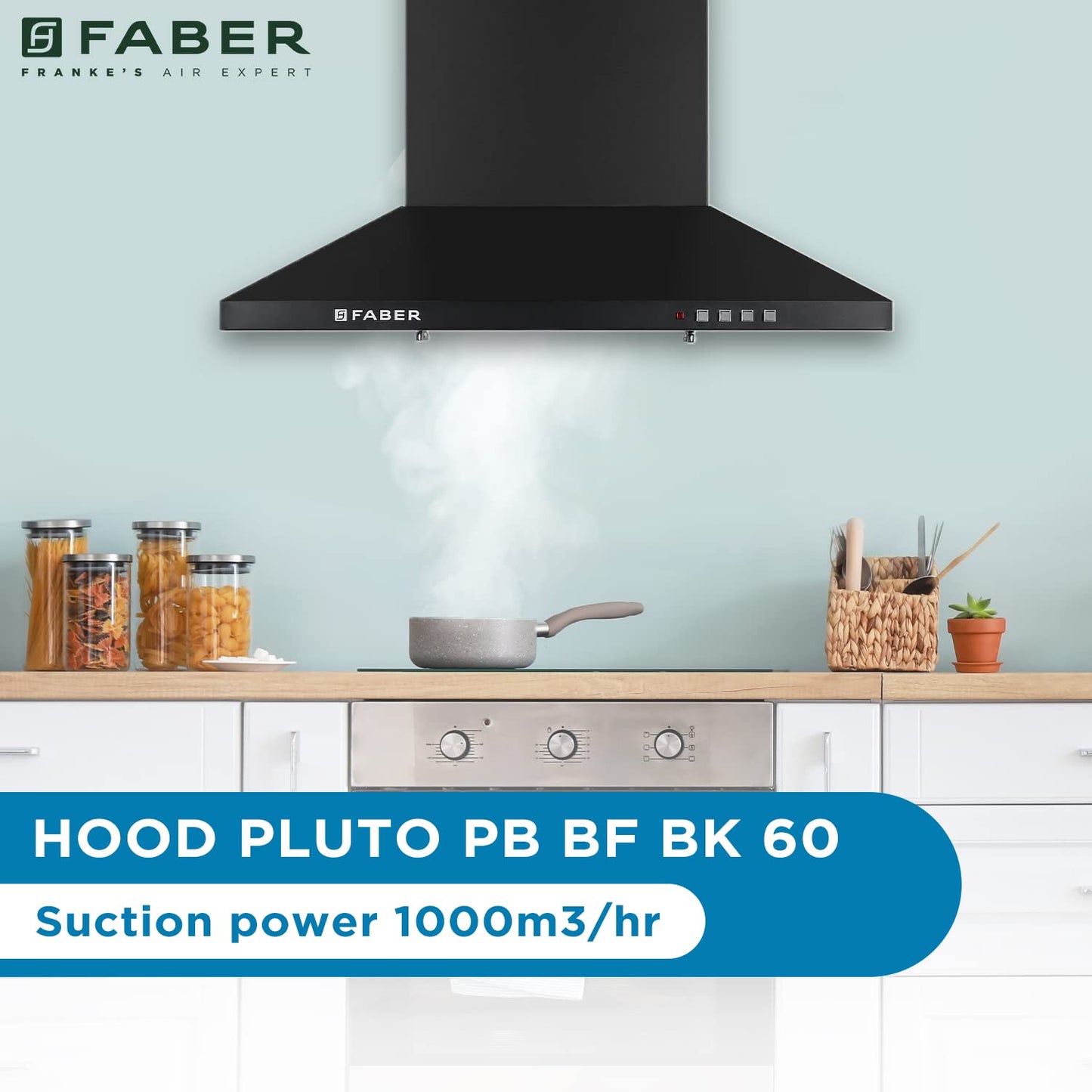 Faber 60 cm 1000 m³/hr Kitchen Chimney (HOOD PLUTO PB BF BK 60, Baffle Filter, Push Button, Black)