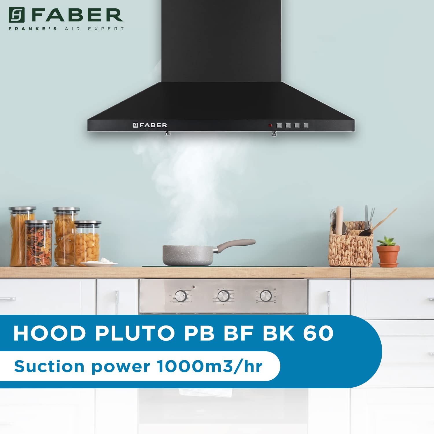 Faber 60 cm 1000 m³/hr Kitchen Chimney (HOOD PLUTO PB BF BK 60, Baffle Filter, Push Button, Black)