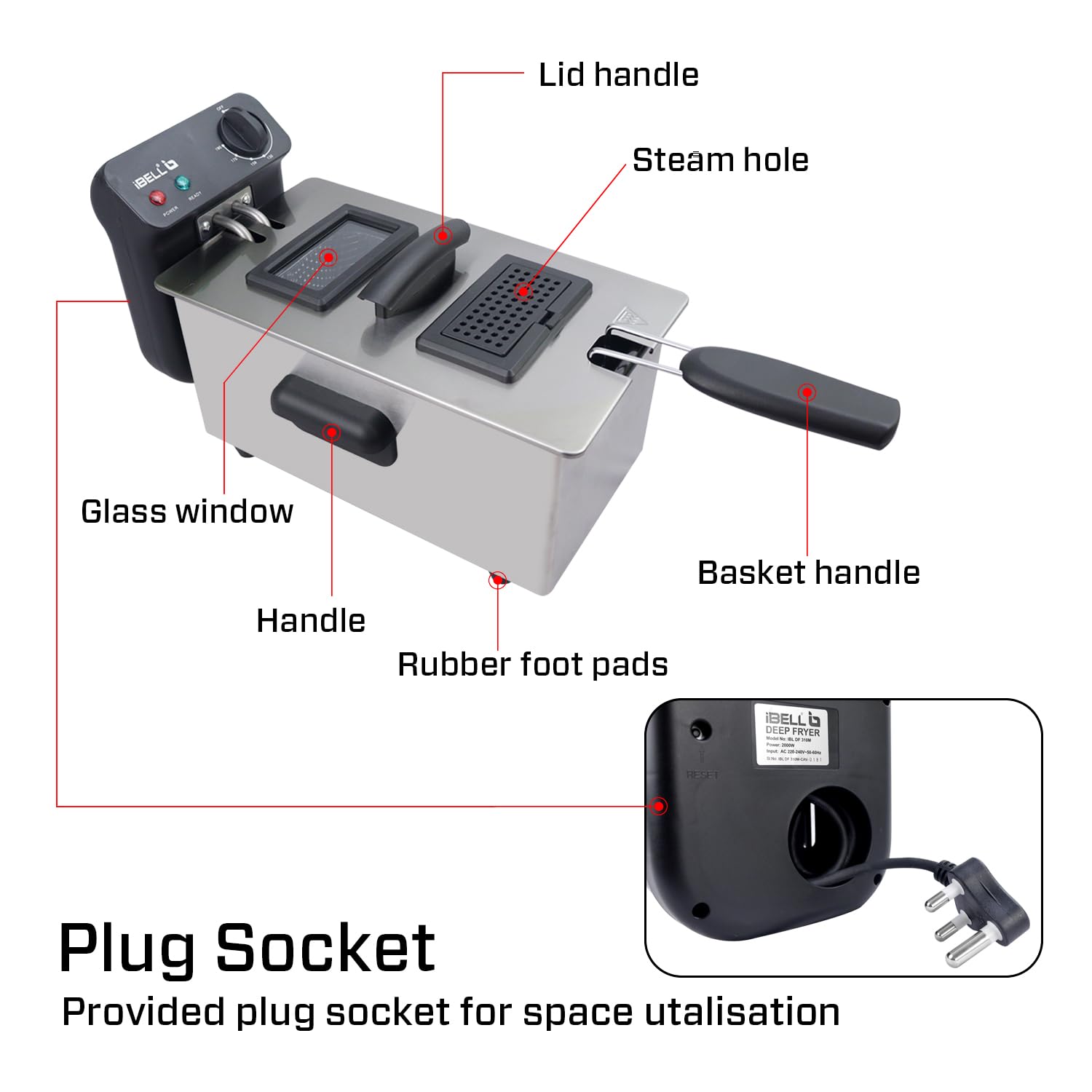 iBELL DF310M Electric Deep Fryer 3 Litre Stainless Steel 2000W with Variable Temperature Control Lid (Silver)