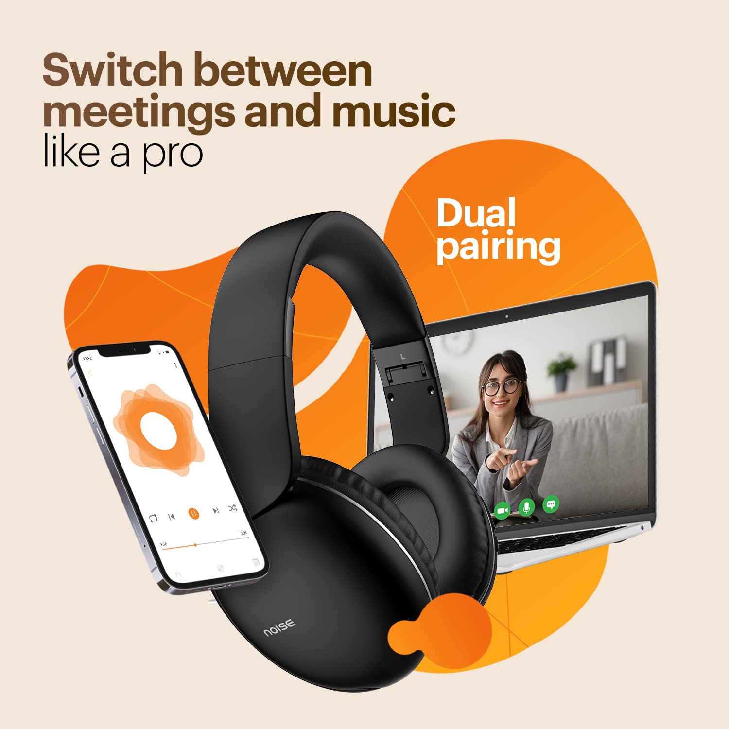 Noise Two Wireless On Ear Headphones with 50 Hours Playtime, Low Latency(up to 40ms), 4 Play Modes, Dual Pairing, BT v5.3 (Bold Black)