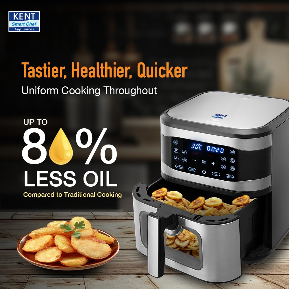 KENT Digital Air Fryer 8L | 1700W | Bake, Grill & Roast | Up to 80% Less Oil Usage | 7 Preset Menu | Digital Display & Touch Control Panel | Glass Window with in built Light | Auto Cut-Off Silver
