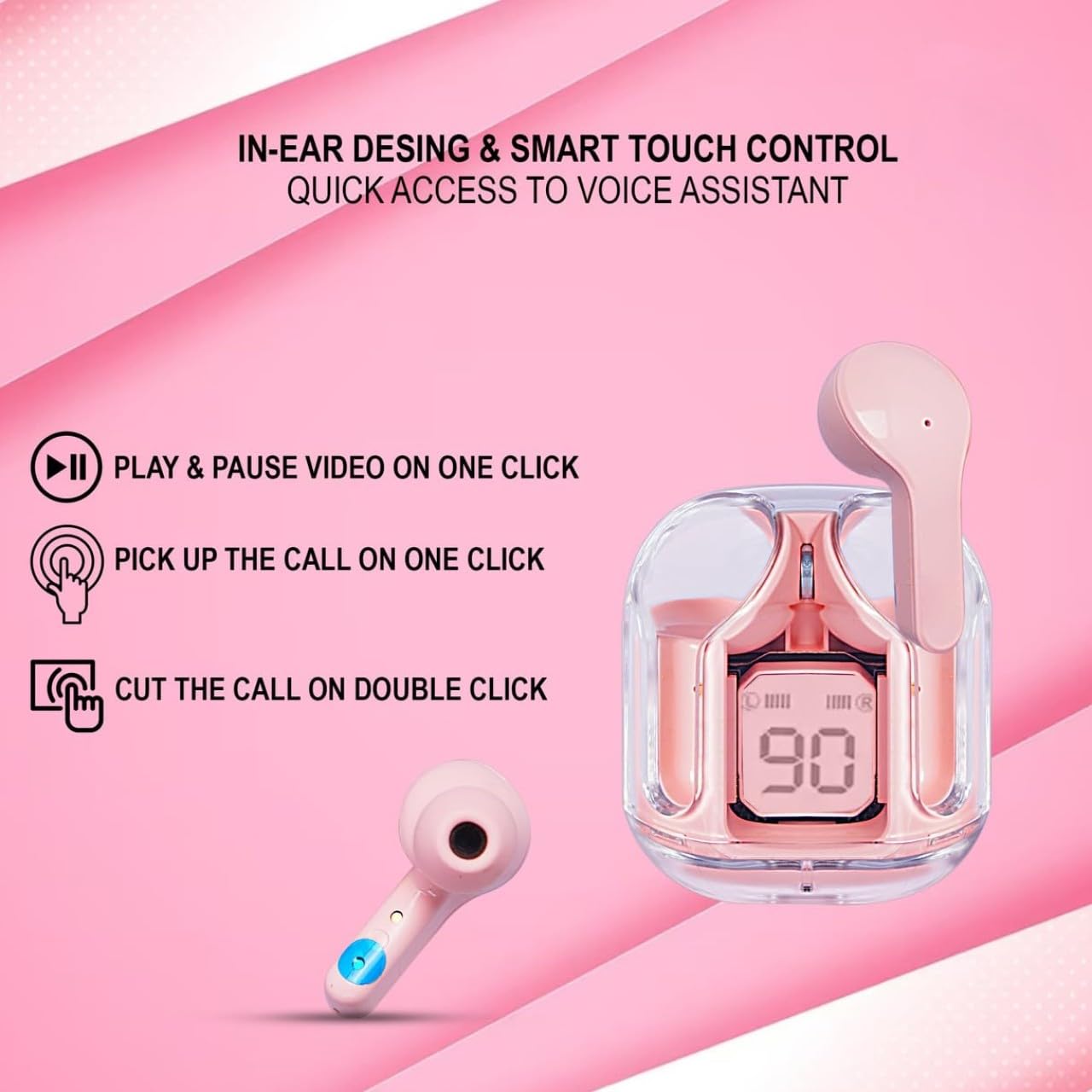 in-Ear Wireless Earbuds, Ultrapods max TWS Bluetooth Earphones with Charging Case and LED Digital Display, Microphone, Works with iPhone Android and Bluetooth Devices (Pink)