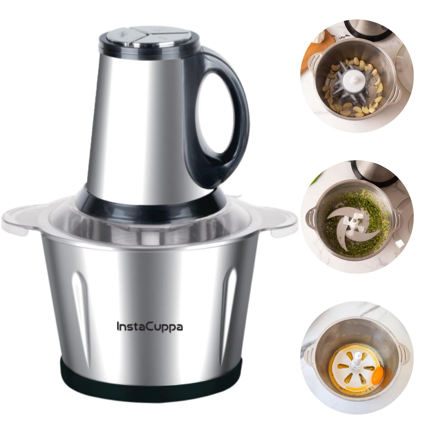 InstaCuppa Electric Chopper for Kitchen Use with 3 Attachments, 2 Litre Stainless Steel Meat Mincer, 300W Vegetable Cutter Machine with Garlic Peeler and Egg Whisker, Carrot Grater for Busy Moms