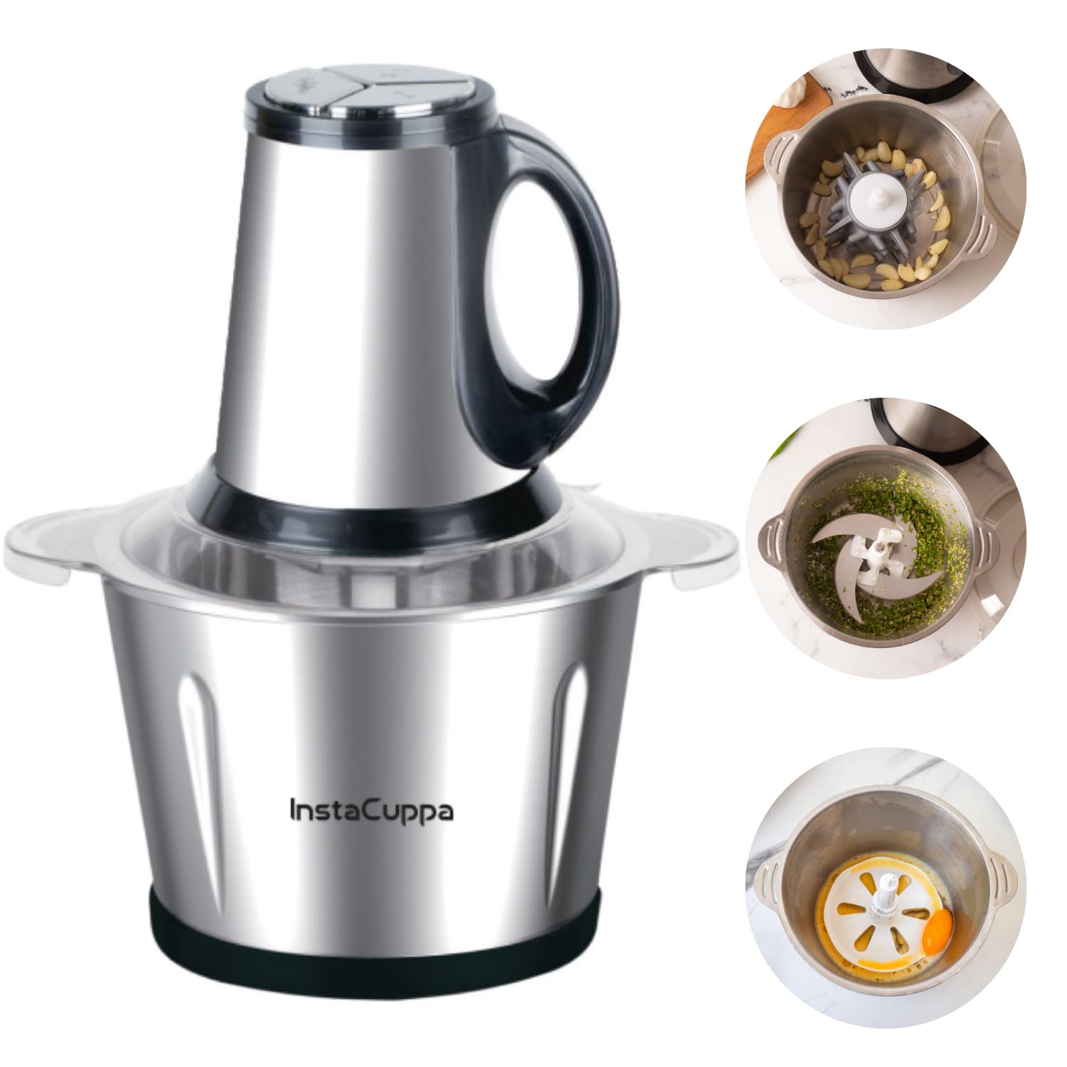 InstaCuppa Electric Chopper for Kitchen Use with 3 Attachments, 2 Litre Stainless Steel Meat Mincer, 300W Vegetable Cutter Machine with Garlic Peeler and Egg Whisker, Carrot Grater for Busy Moms
