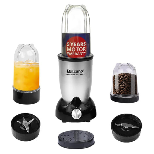 Balzano Bullet Mixer Grinder 500W, 3 Jars, 2 Blades, 2 Lids, Italian Premium Brand, Pulse Function, Blender for Smoothies and Juices/Smoothie Maker, Portable Blender, Grinder for Kitchen, Silver