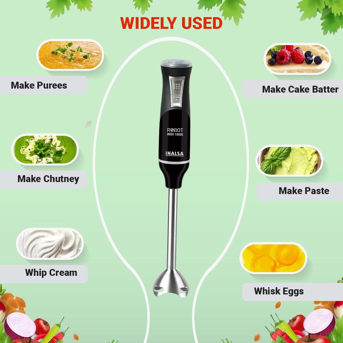 INALSA Hand Blender 1000 Watts with Chopper, Whisker| Variable Speed & Turbo Speed Function|100% Copper Motor|1Liter|Low Noise |Anti-Splash Technology|Home&kitchen|2 Year Warranty (Robot Inox 1000E)