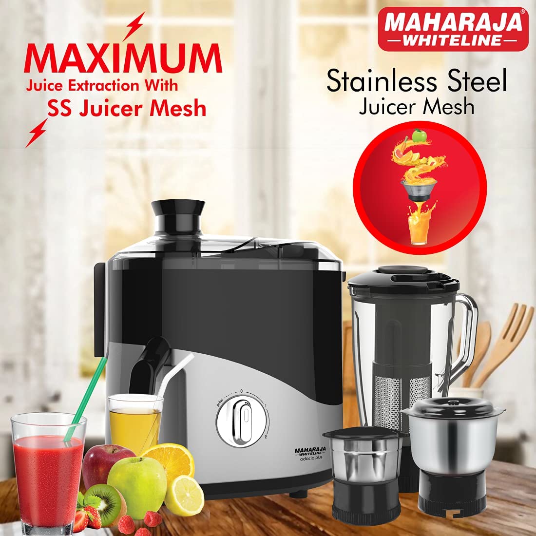 Maharaja Whiteline Odacio Plus Juicer Mixer Grinder,550W,3 Jars (2 Stainless Steel Jar + Blending Jar with Fruit Filter),Silver & Black,Food Grade Safe, High Grade Mesh, Fluidic design, 2Year Warranty