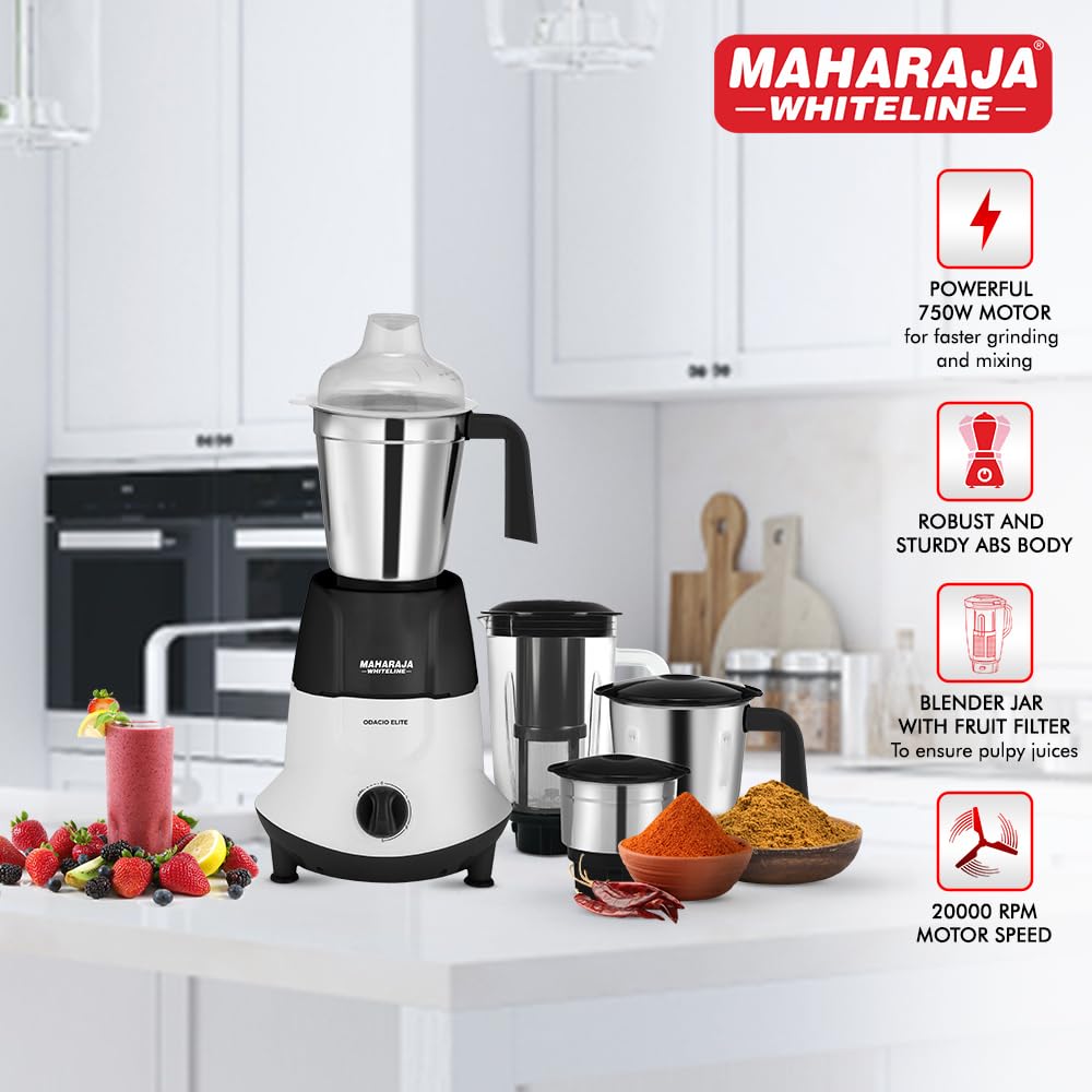 Maharaja Whiteline Odacio Elite Mixer Grinder With 4 Jars | 750 Watt | 20,000 RMP Motor | Stainless Steel Blade | 2 Years Warranty | Black & White
