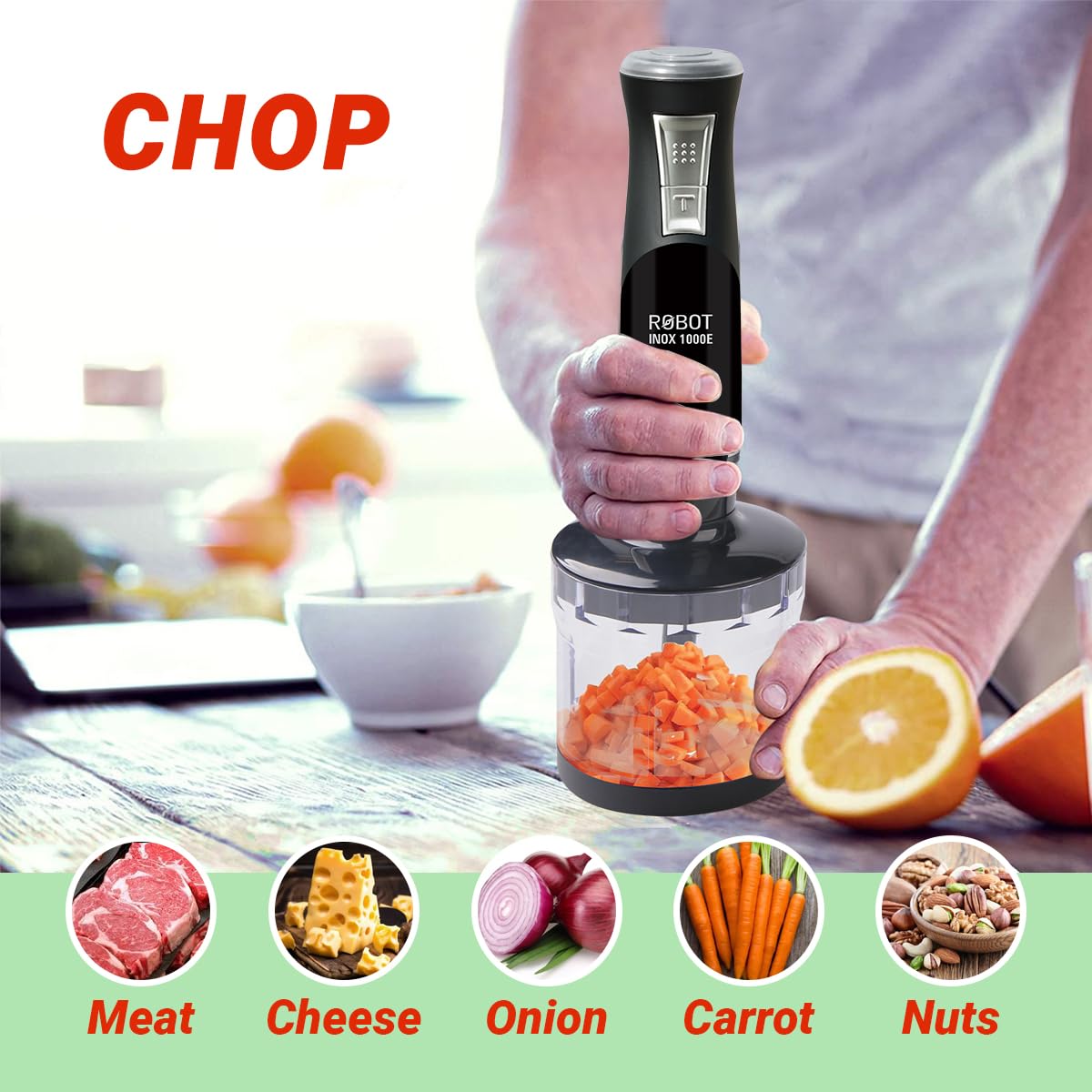 INALSA Hand Blender 1000 Watts with Chopper, Whisker| Variable Speed & Turbo Speed Function|100% Copper Motor|1Liter|Low Noise |Anti-Splash Technology|Home&kitchen|2 Year Warranty (Robot Inox 1000E)