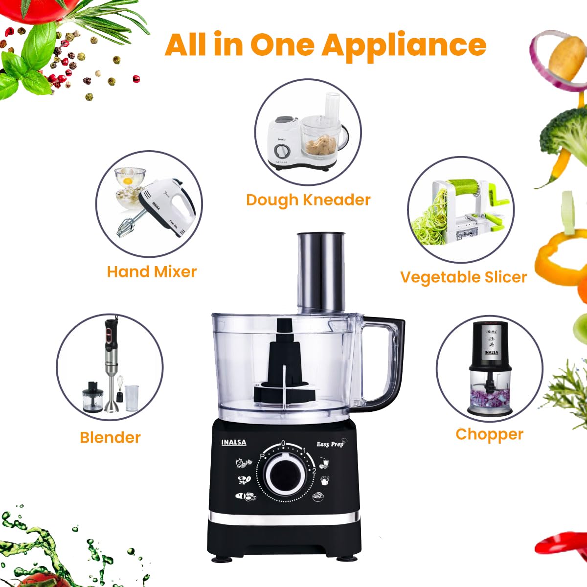 INALSA Food Processor with Atta Kneader 800 Watts|1.4L Processing Bowl 7 Accessories including Dough Maker Electric Chopper,French Fry Cutter,Slicer,Shredder,Meat Mincer Dough Maker Machine,Easy Prep
