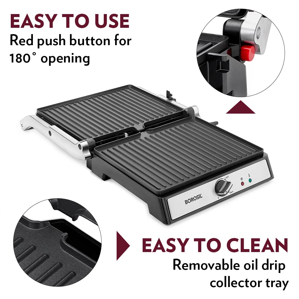 Borosil Jumbo Grill Sandwich Maker | Can Make 4 Sandwich At a Time | Electric Toaster Maker | Non-Stick Coating Plates Opens to 180°, BPA & PTFE Free | Power Indicators | 2 Year Warranty (2000W)
