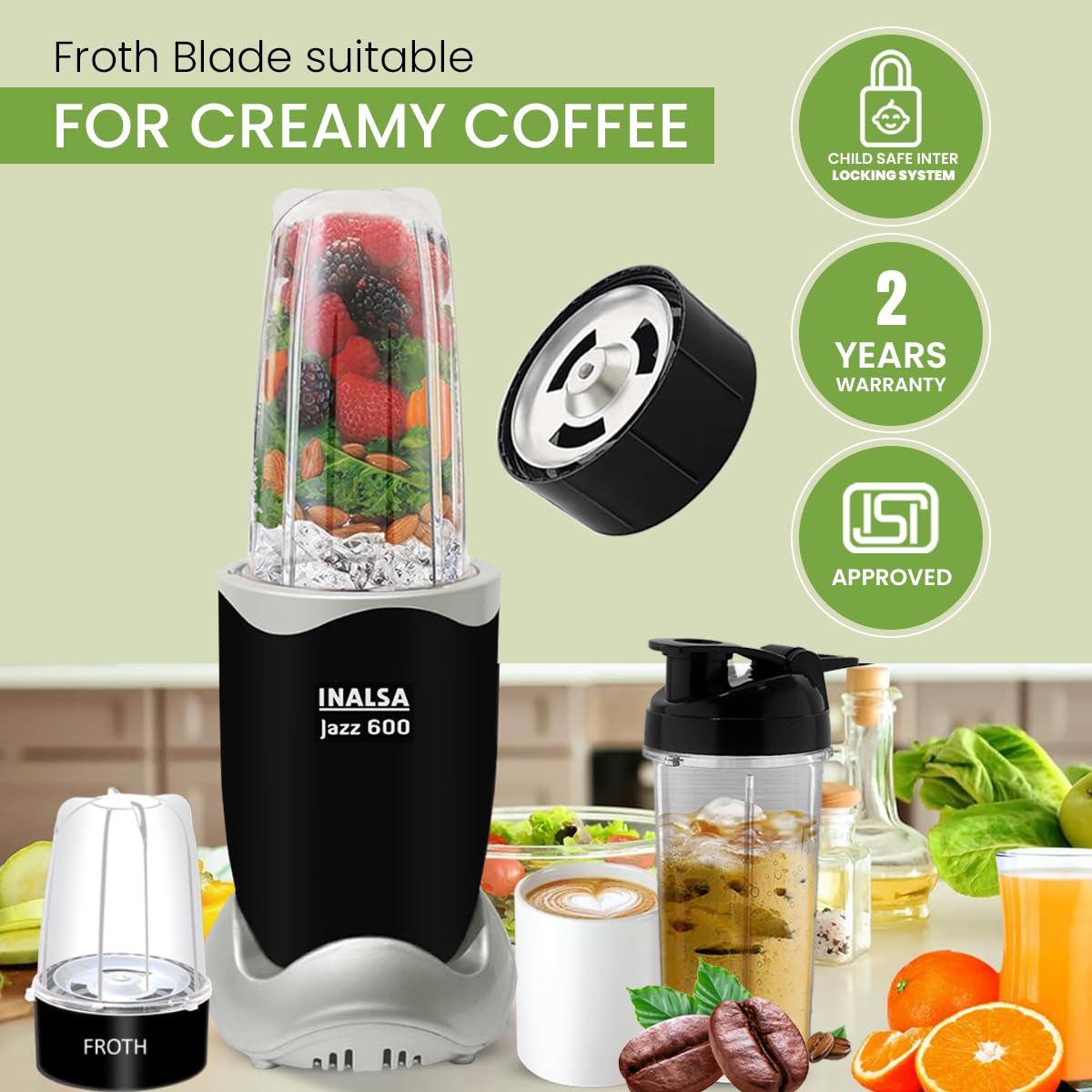 INALSA Blender Mixer Grinder|5 Jar & 600 W Copper Motor| Blenders for Smoothies and Juices| Smoothie Maker Blender|Nutri Blender |3 Blades Including Froth Blade|2Yr Warranty,Jazz 600