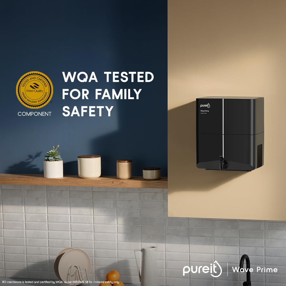 Pureit Wave Prime Mineral RO+MF | 6 stage Purification | 7 Litres Capacity | Up to 45% Water Saving | Suitable for Borewell, Tanker & Muncipal Water | Wall Mountable | Black