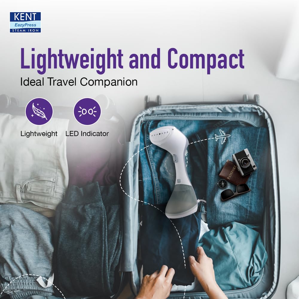 KENT Swift Handheld Garment Steamer 1300 Watts | Ideal for Fabrics like Sarees, Suits, Jackets etc |Ceramic Coated Steam Plate |Continuous Steam Up To 30 Minutes |20 G/Min Steam |260ml Detachable Tank