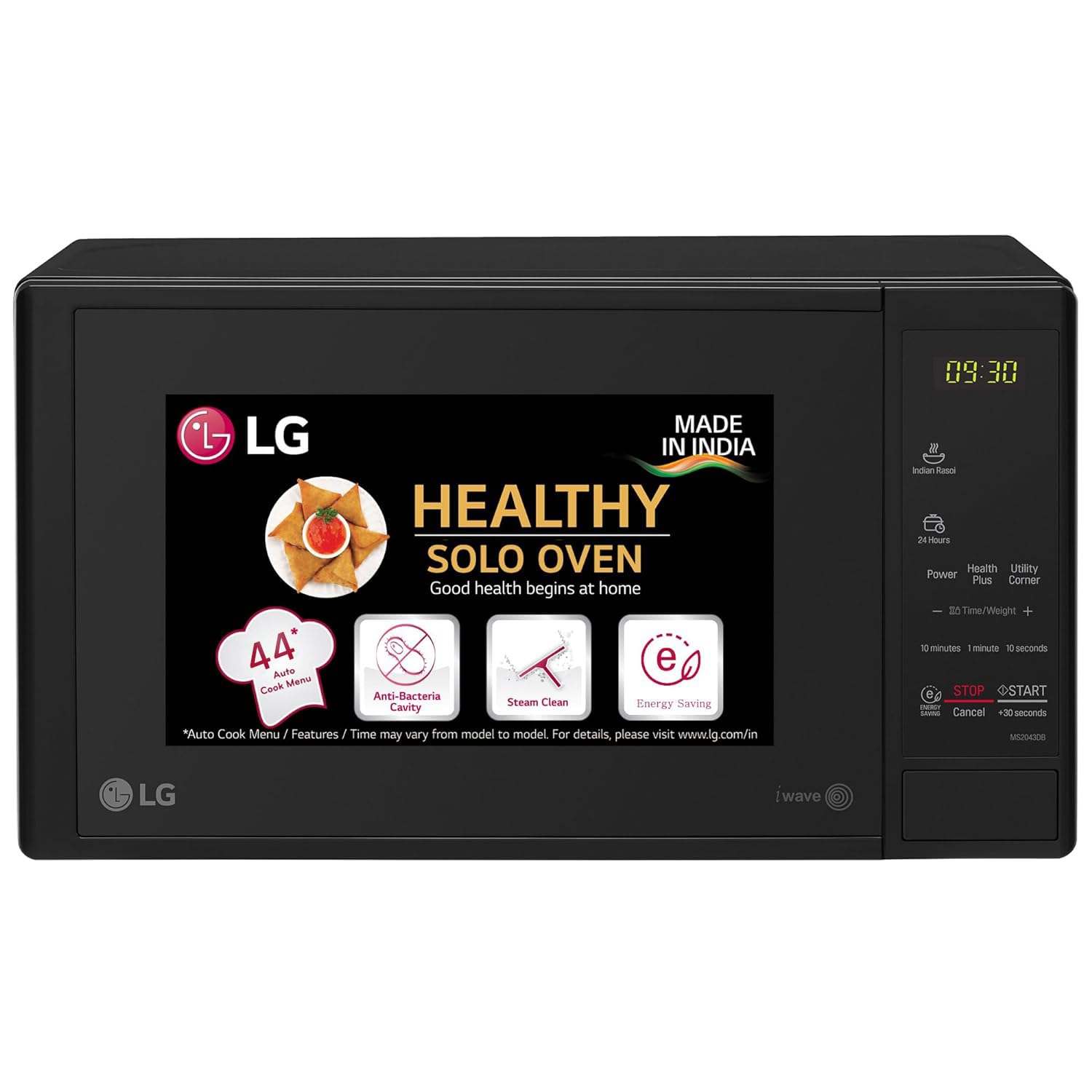 LG 20 L Solo Microwave Oven (MS2043BP, Black, Health plus Menu, I-Wave Technology, Indian Cuisine, Even Reheat & Defrost, Auto Cook Menu, Anti-Bacterial Cavity & Steam Clean)