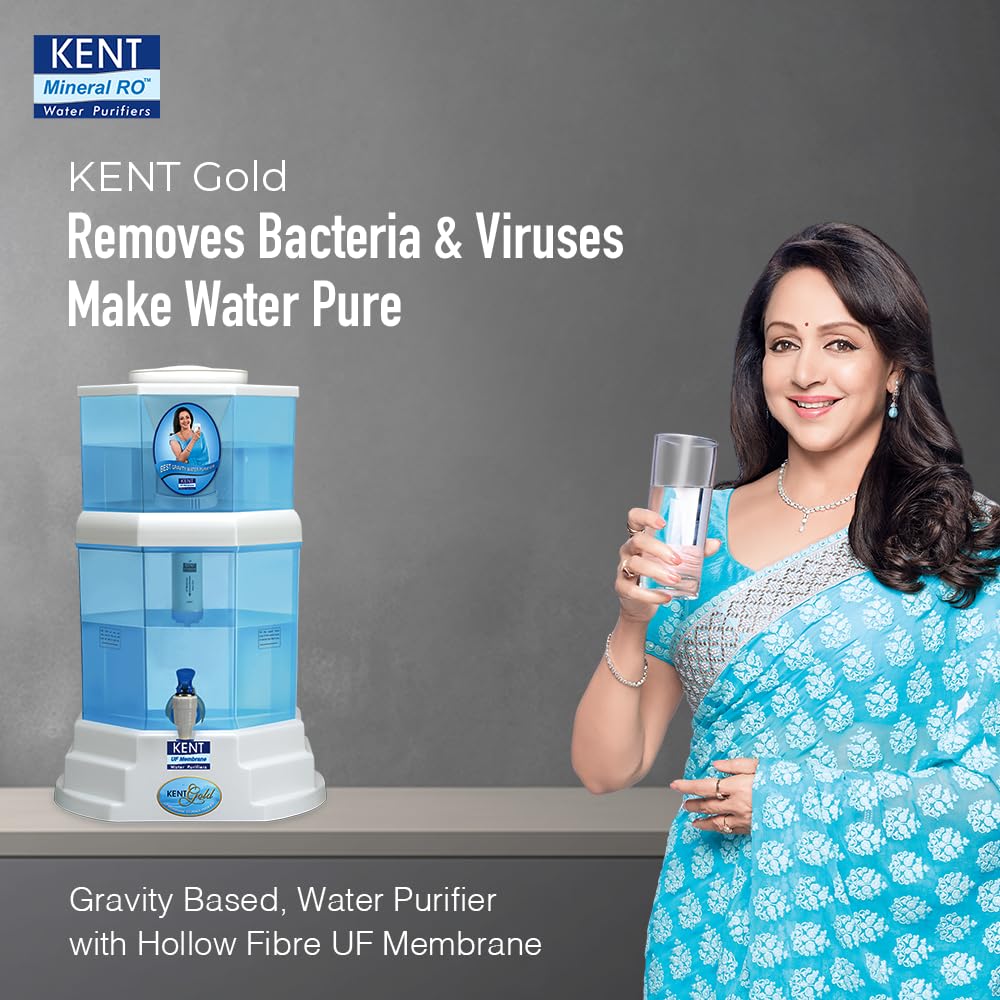 KENT Gold Gravity Water Purifier (11014) | UF Technology Based | Non-Electric & Chemical Free | Counter Top | 20L Storage | White