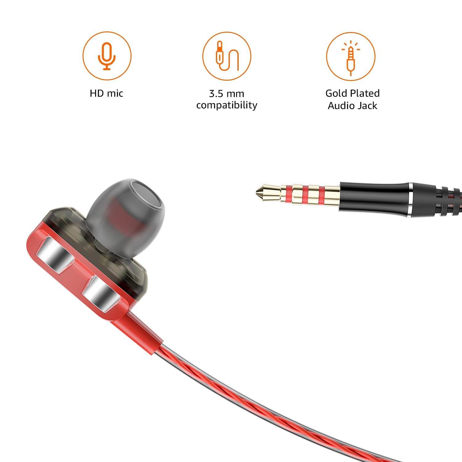 amazon basics in-Ear Wired Earphones with 9 mm Dual Drivers, in-Line Mic, Powerful Bass, Noise Isolation, 3.5 mm Audio Jack (Black and Red)