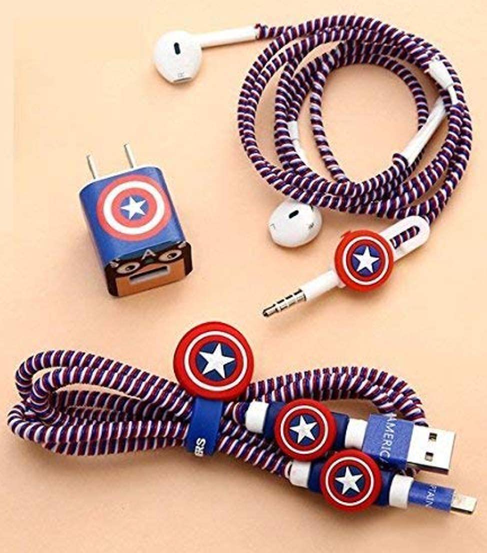 Careflection 6-in-1 Multi Combo Spiral USB Cable Protectors + Earphones Winder + Sticker + Cable Clips + Earphone Jack Clip (Captain America)