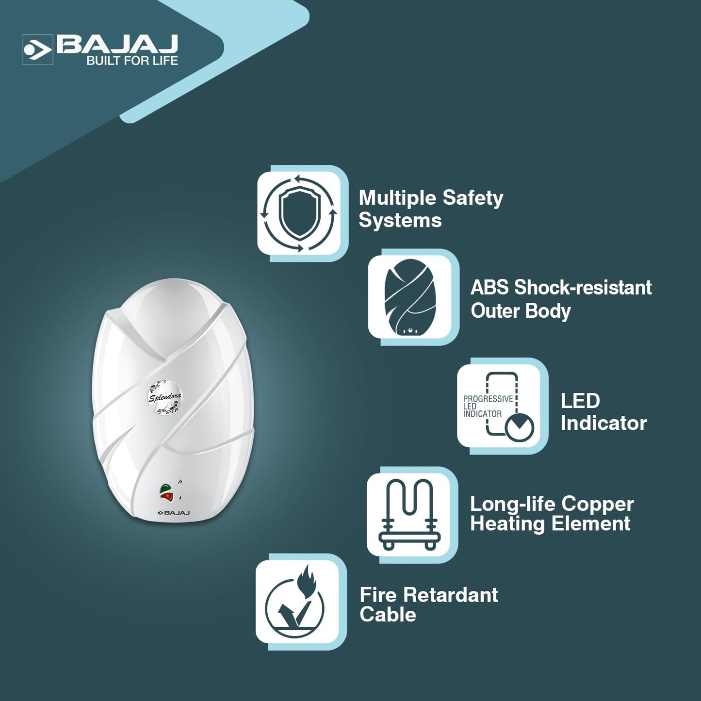 Bajaj Splendora 3L 3KW Vertical Instant Water Heater for Home | Geyser for Bathroom & Kitchen | High Grade SS Tank | Copper Heating Element | 5 Years Tank Warranty by Bajaj【White】