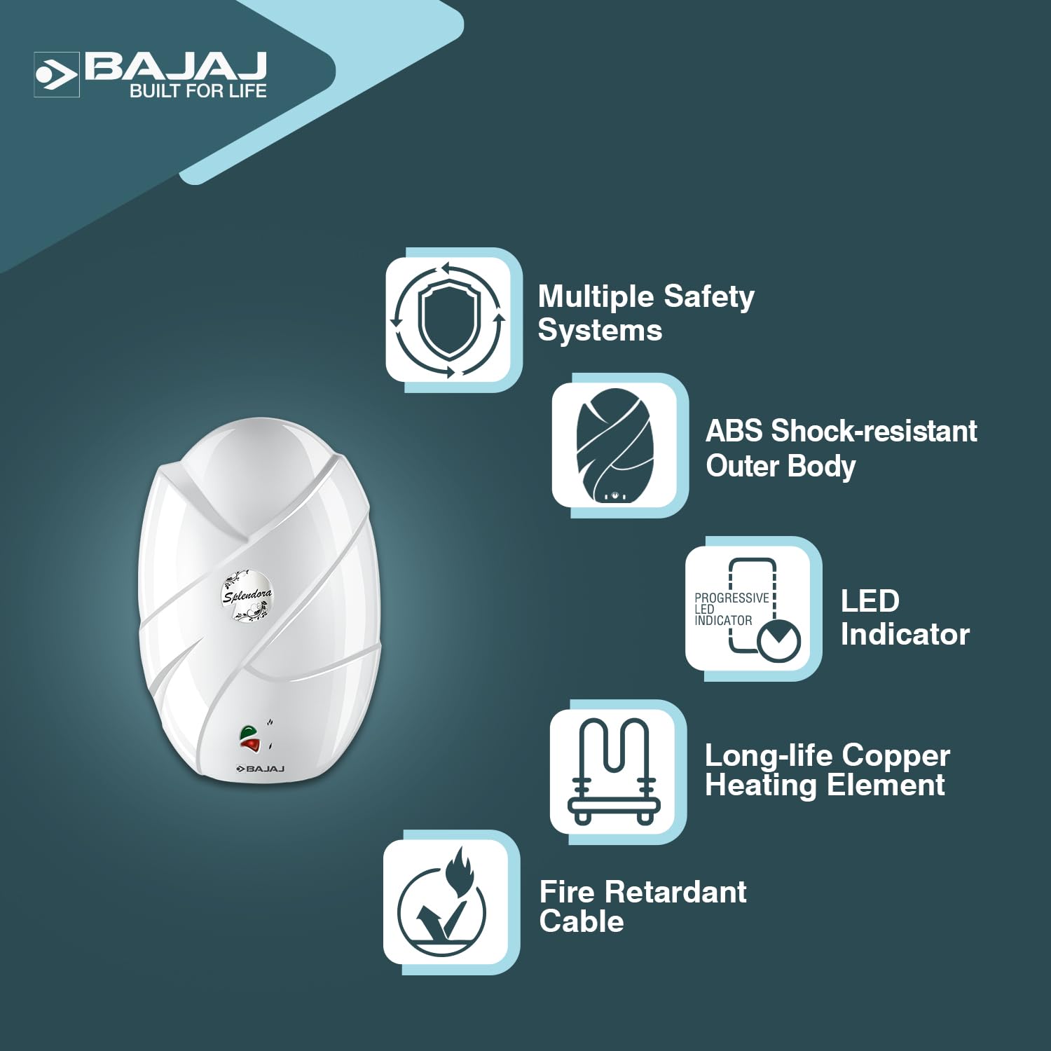 Bajaj Splendora 3L 3KW Vertical Instant Water Heater for Home | Geyser for Bathroom & Kitchen | High Grade SS Tank | Copper Heating Element | 5 Years Tank Warranty by Bajaj【White】