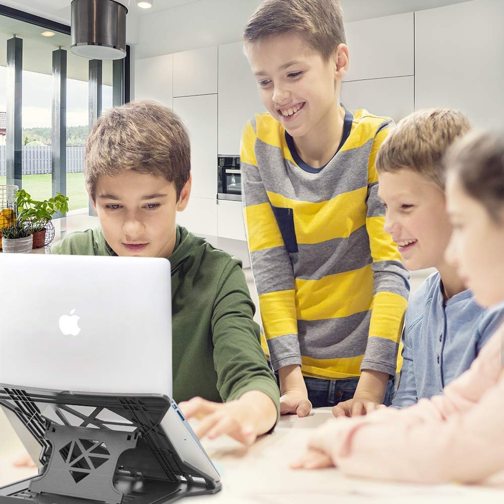 STRIFF Adjustable Laptop Tabletop Stand Patented Riser Ventilated Portable Foldable Compatible with MacBook Notebook Tablet Tray Desk Table Book with Free Phone Stand (Black)