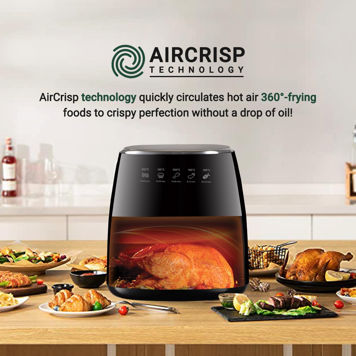 INALSA Air Fryer for Home|5.5 liter Capacity|Visible Window & Internal Light|1600 W with Smart AirCrisp Technology|6-In-1 Appliance With 8 Preset Menu & Digital Display (Tasty fry DW5.5) Black