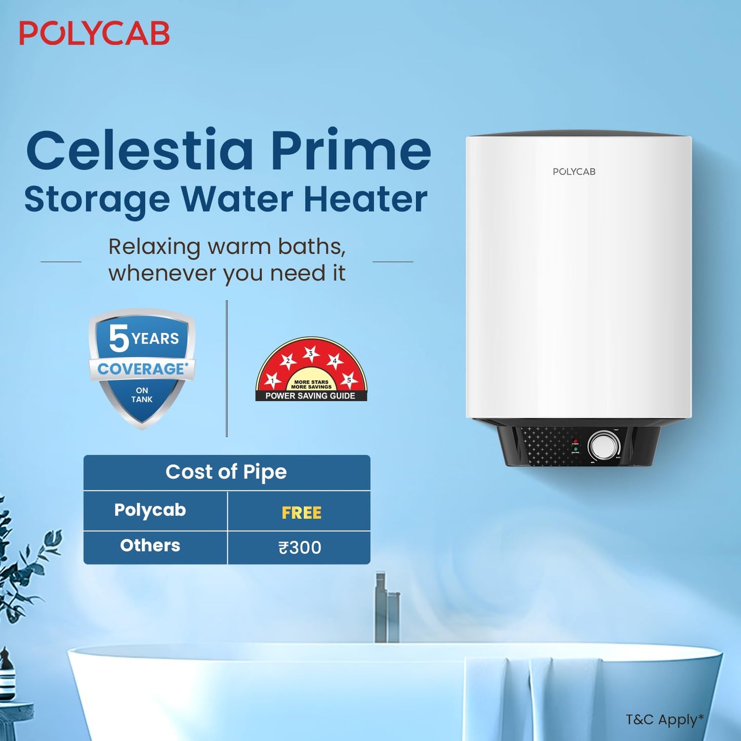 POLYCAB Celestia Prime 5-Star 15 Litre Water Heater (Geyser) | Free Connecting Pipe | 5-Year Tank Warranty by POLYCAB | Temperature Control Knob | Faster Heating, Shock Resistant【White】