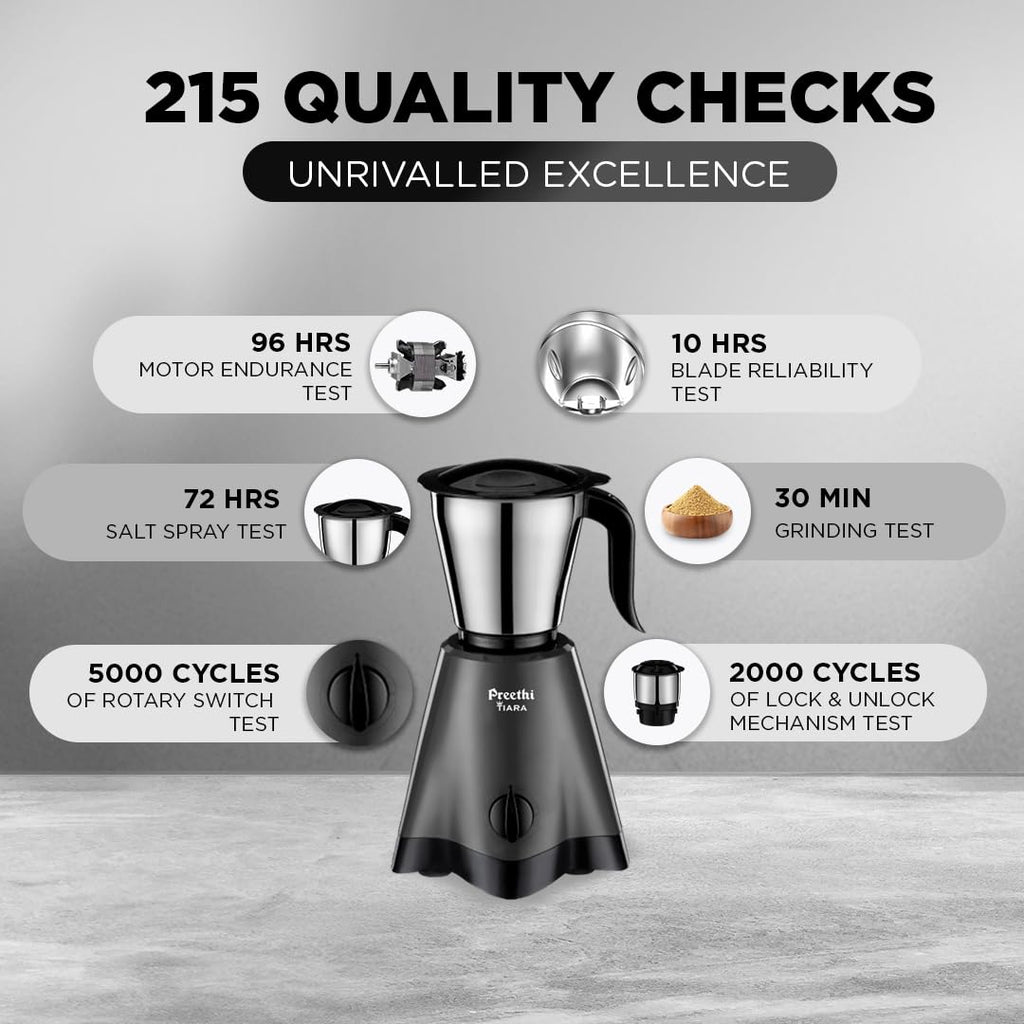 Preethi Tiara Mixer Grinder for Kitchen | 500 Watt Mixie | 3 Stainless Steel Jars (0.3L, 0.7L and 1.2L) | Grey & Black