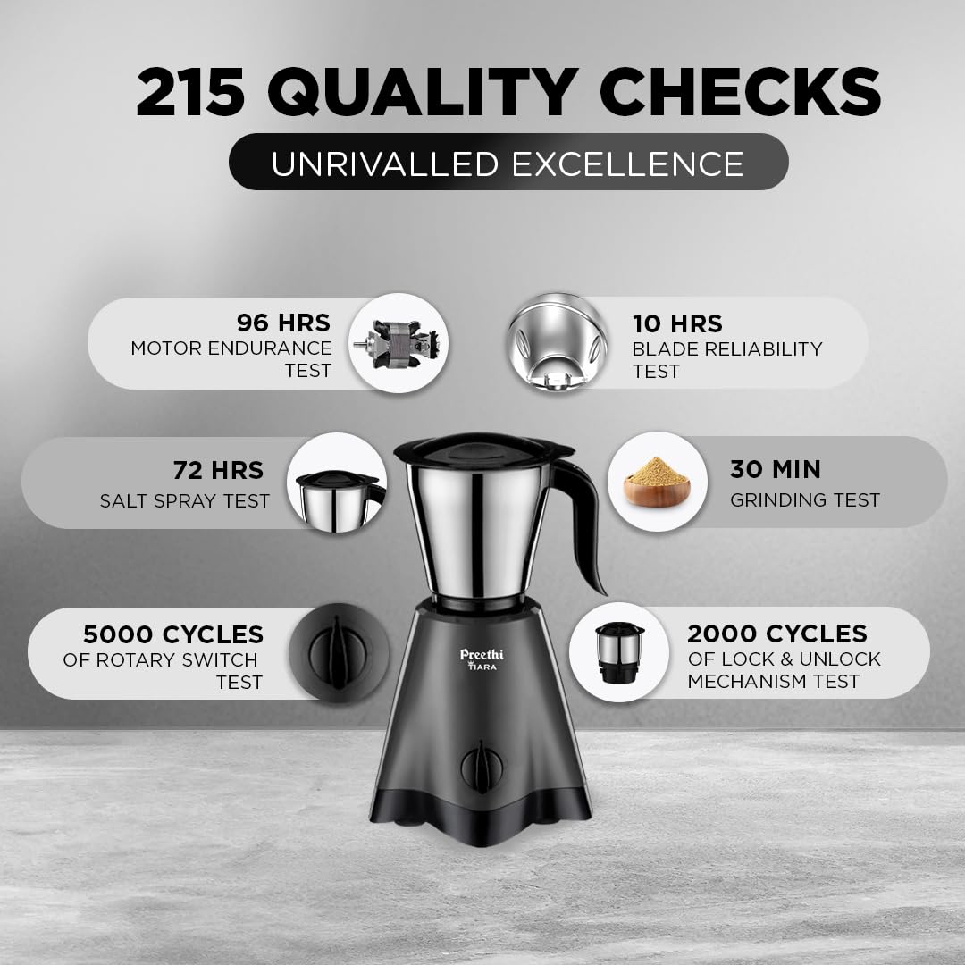 Preethi Tiara Mixer Grinder for Kitchen | 500 Watt Mixie | 3 Stainless Steel Jars (0.3L, 0.7L and 1.2L) | Grey & Black
