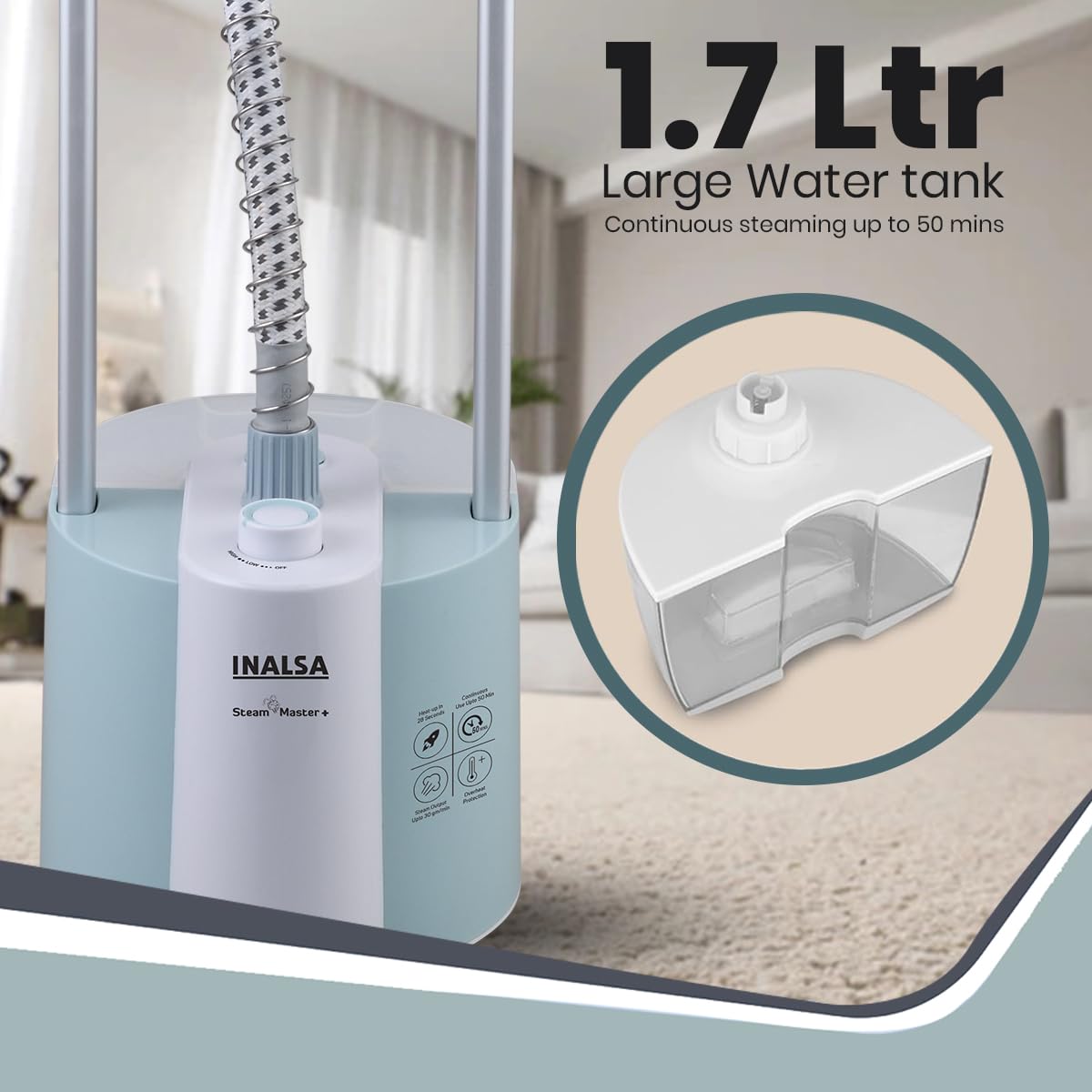INALSA Standing Iron Garment Steamer-2000 W|Variable Control Knob |1.7 L Detachable Water Tank|Adjustable Iron Board|Vertical & Horizontal Steaming up to 30g/min|28 sec Fast Heating-STEAM MASTER PLUS